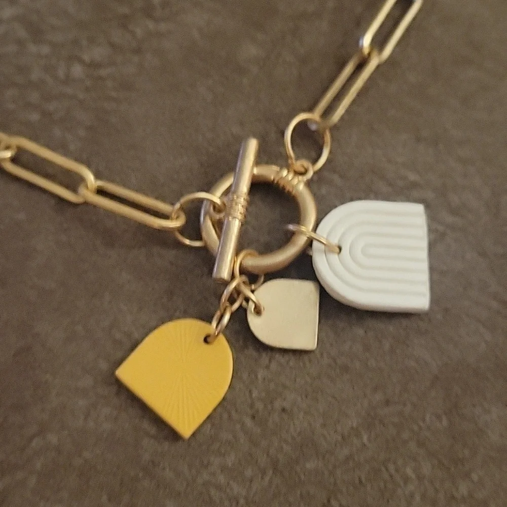 3/$30 Matte Goldtone Paperclip Link Toggle Rainbow Charm Necklace